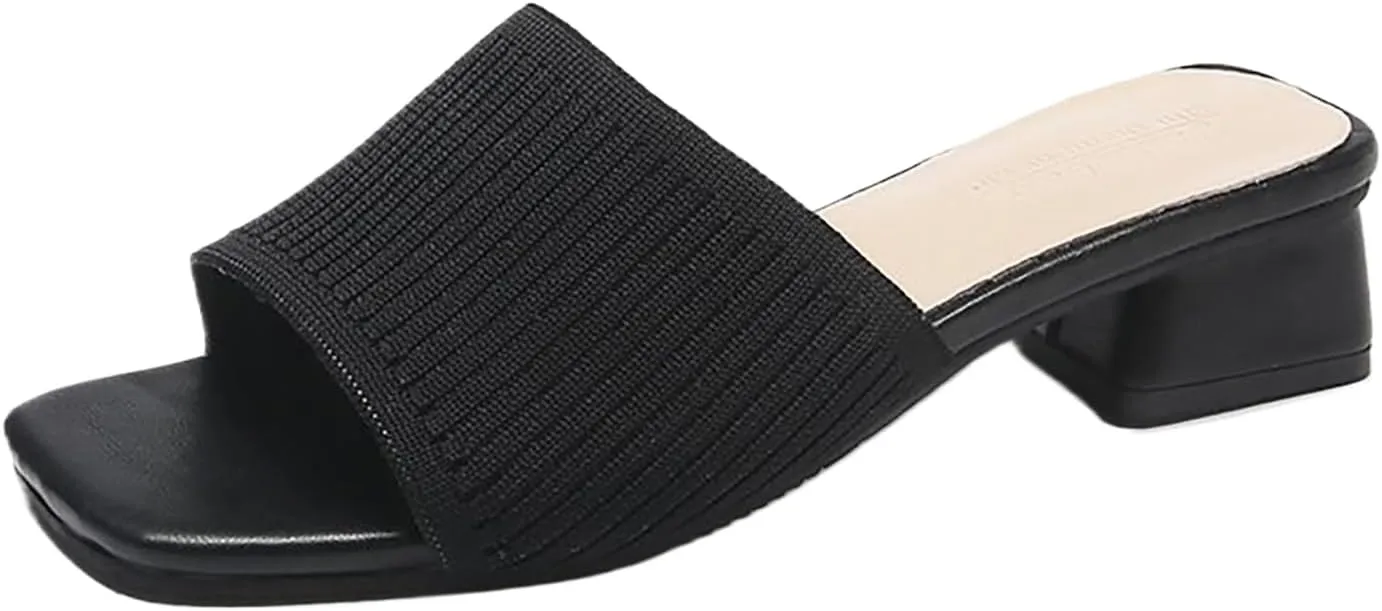 Heeled Sandals for Women 2025 Summer Comfortable Square Open Toe Knit Sandal Trendy Square Heels Slip on Slides Casual Dress Pumps Shoes