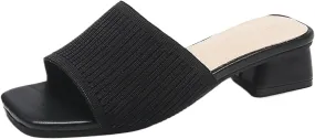 Heeled Sandals for Women 2025 Summer Comfortable Square Open Toe Knit Sandal Trendy Square Heels Slip on Slides Casual Dress Pumps Shoes
