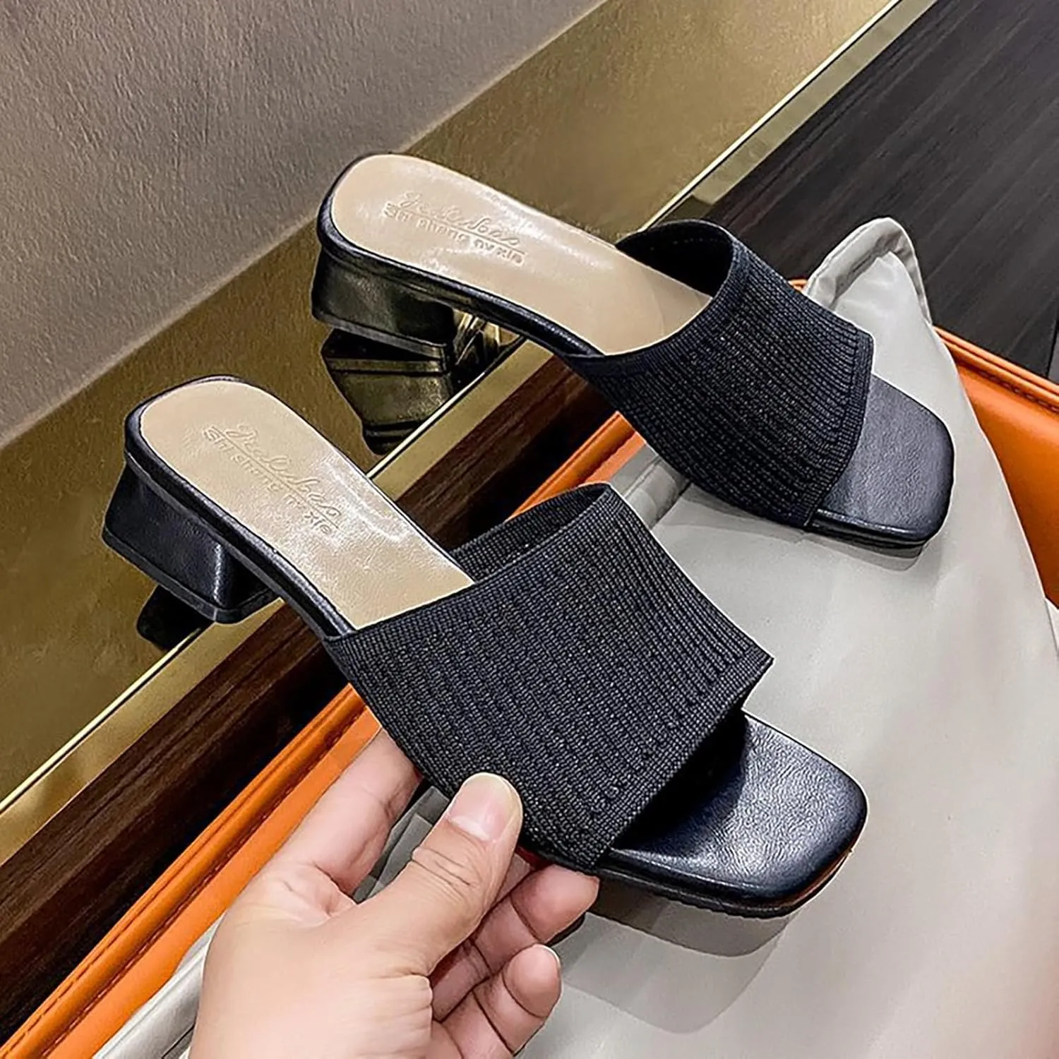 Heeled Sandals for Women 2025 Summer Comfortable Square Open Toe Knit Sandal Trendy Square Heels Slip on Slides Casual Dress Pumps Shoes