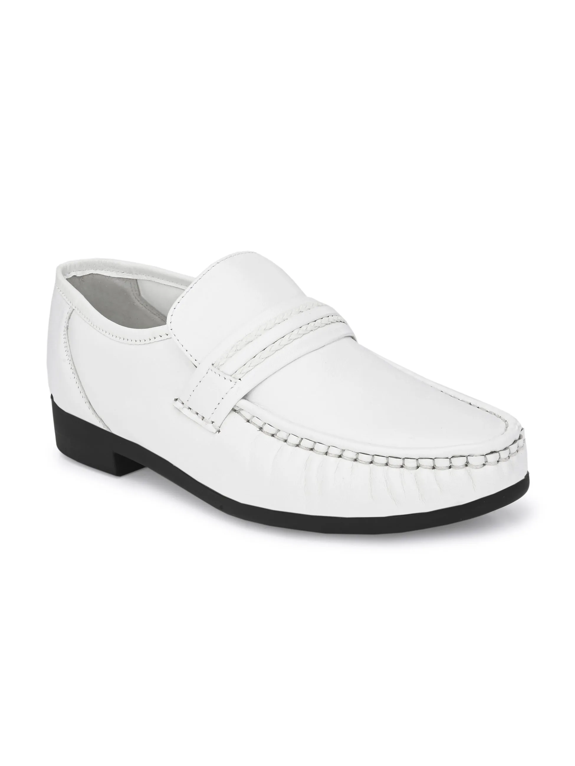 Hitz Men's White Leather Slip-on Comfort Shoes