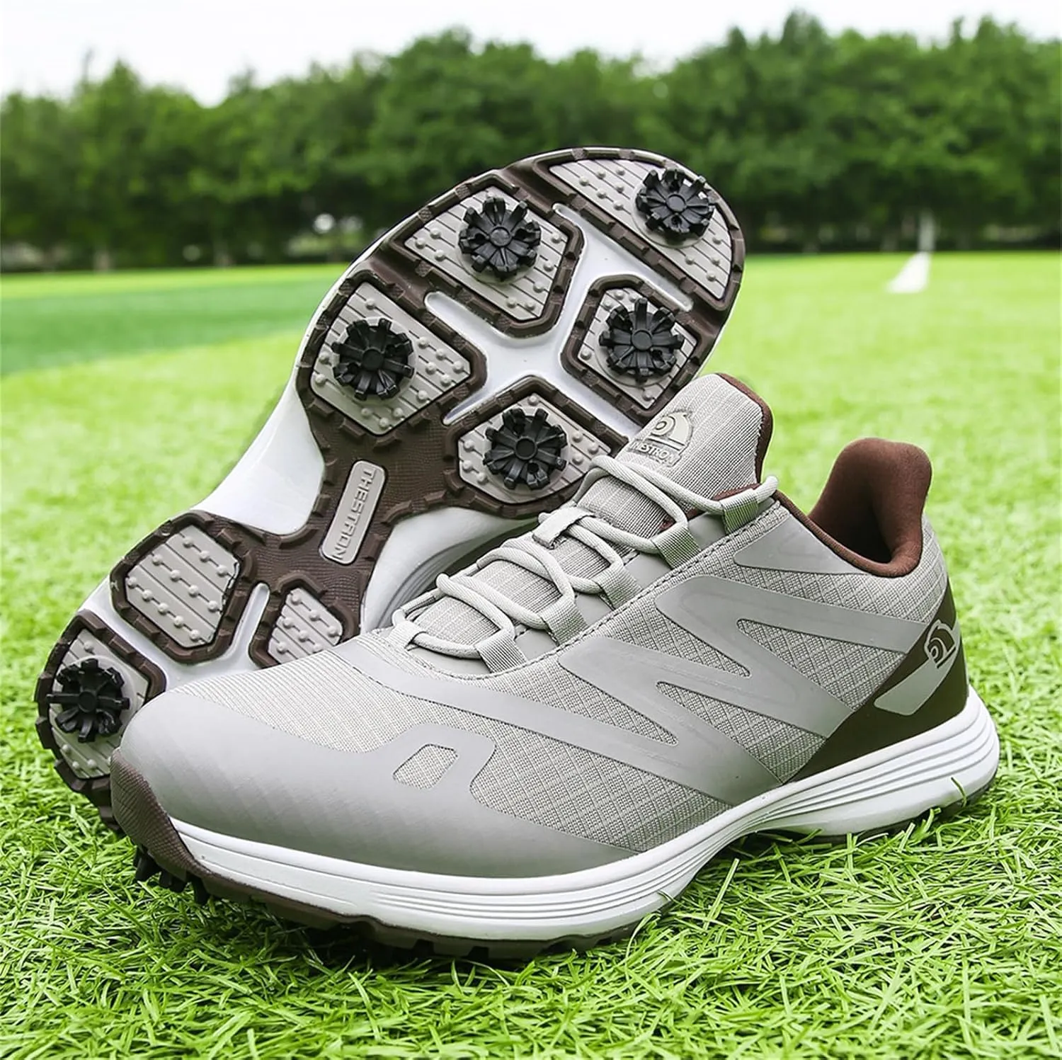 JiuQing Spikes Golf Shoes Men Professional Golfing Trainers Breathable Lightweight Outdoor Anti Slip Footwear