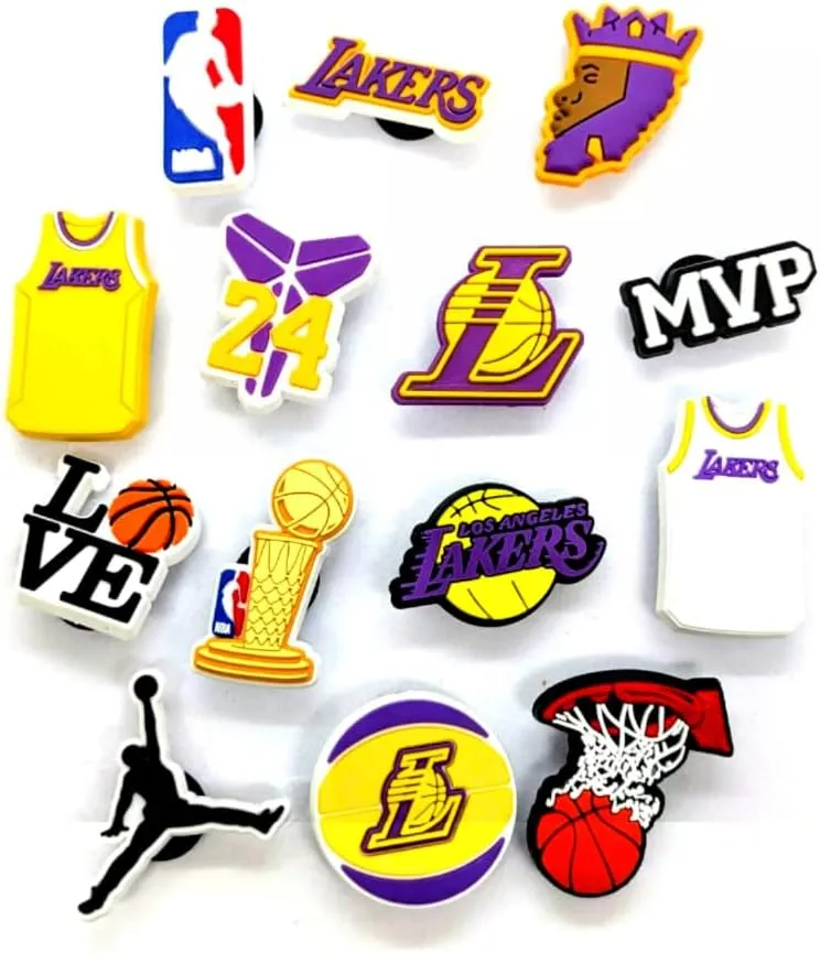 SPORTS TEAM SHOE CHARMS (Pick Your Team) NBA Basketball Accessories - Comparable to Jibbitz for Crocs (Lakers (14pcs))