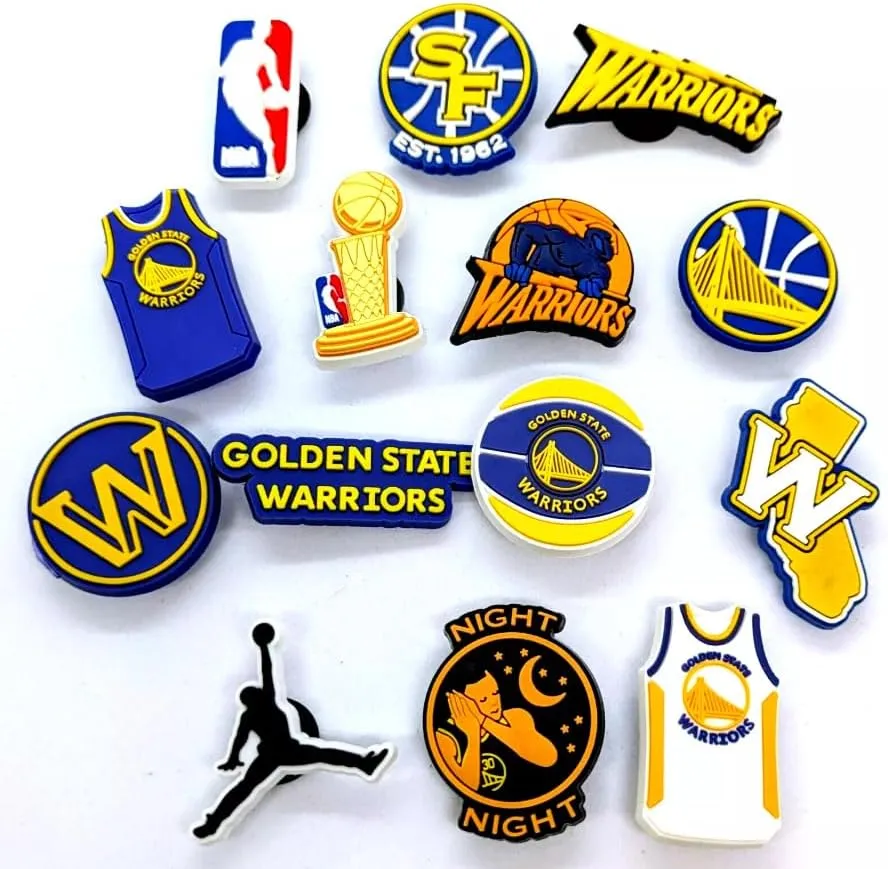 SPORTS TEAM SHOE CHARMS (Pick Your Team) NBA Basketball Accessories - Comparable to Jibbitz for Crocs (Warriors (14pcs))