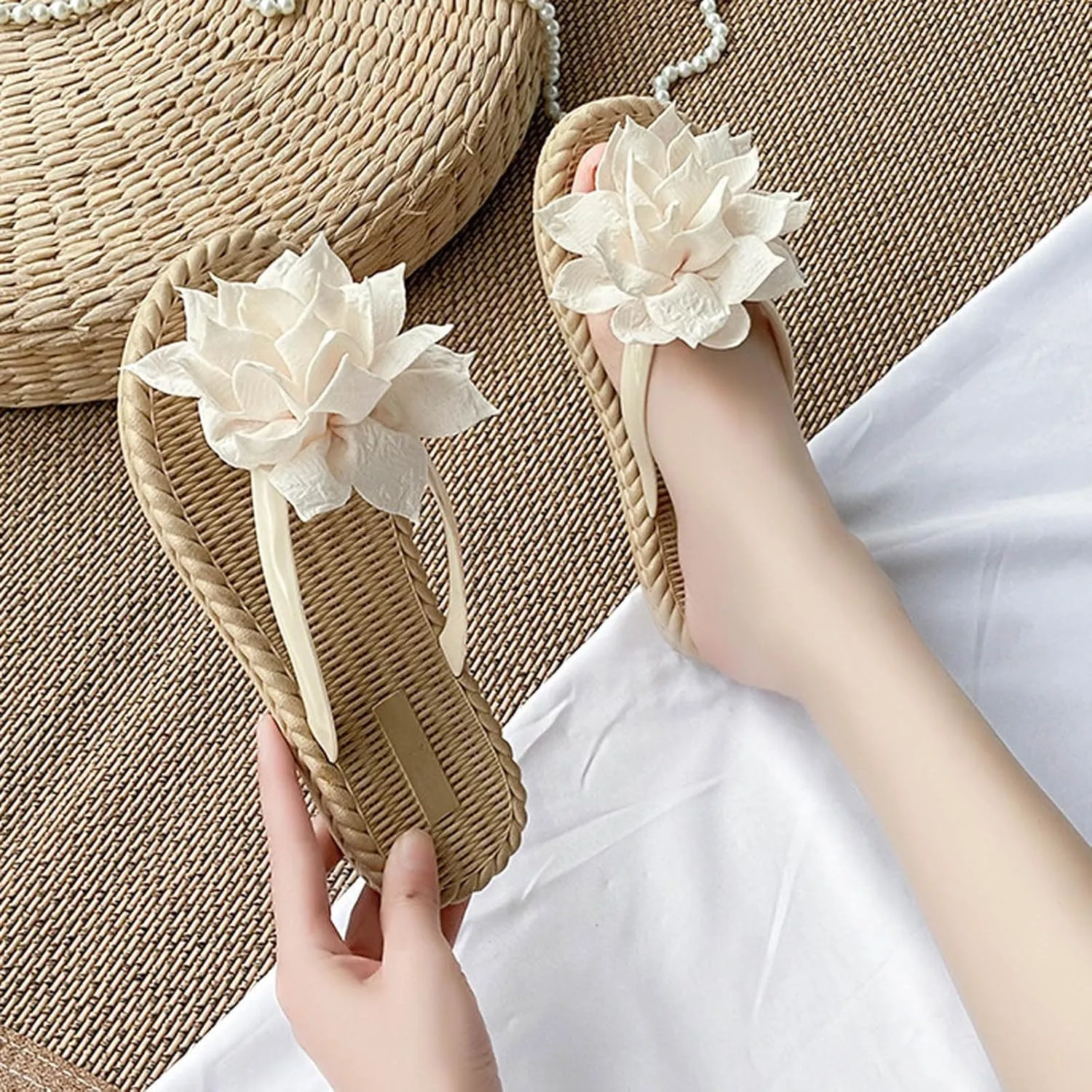 Women's Espadrilles Slide Sandals Cute Open Toe Slip On Slides with Flower Flip Flops Bohemia Beach Sandals Ladies