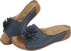 Womens Orthopedic Sandals with Flowers Arch Support Fish Mouth Leather Comfortable Shoes Open Toe Slides Ladies Dressy Sandals Retro Bohemian Wedge Slippers