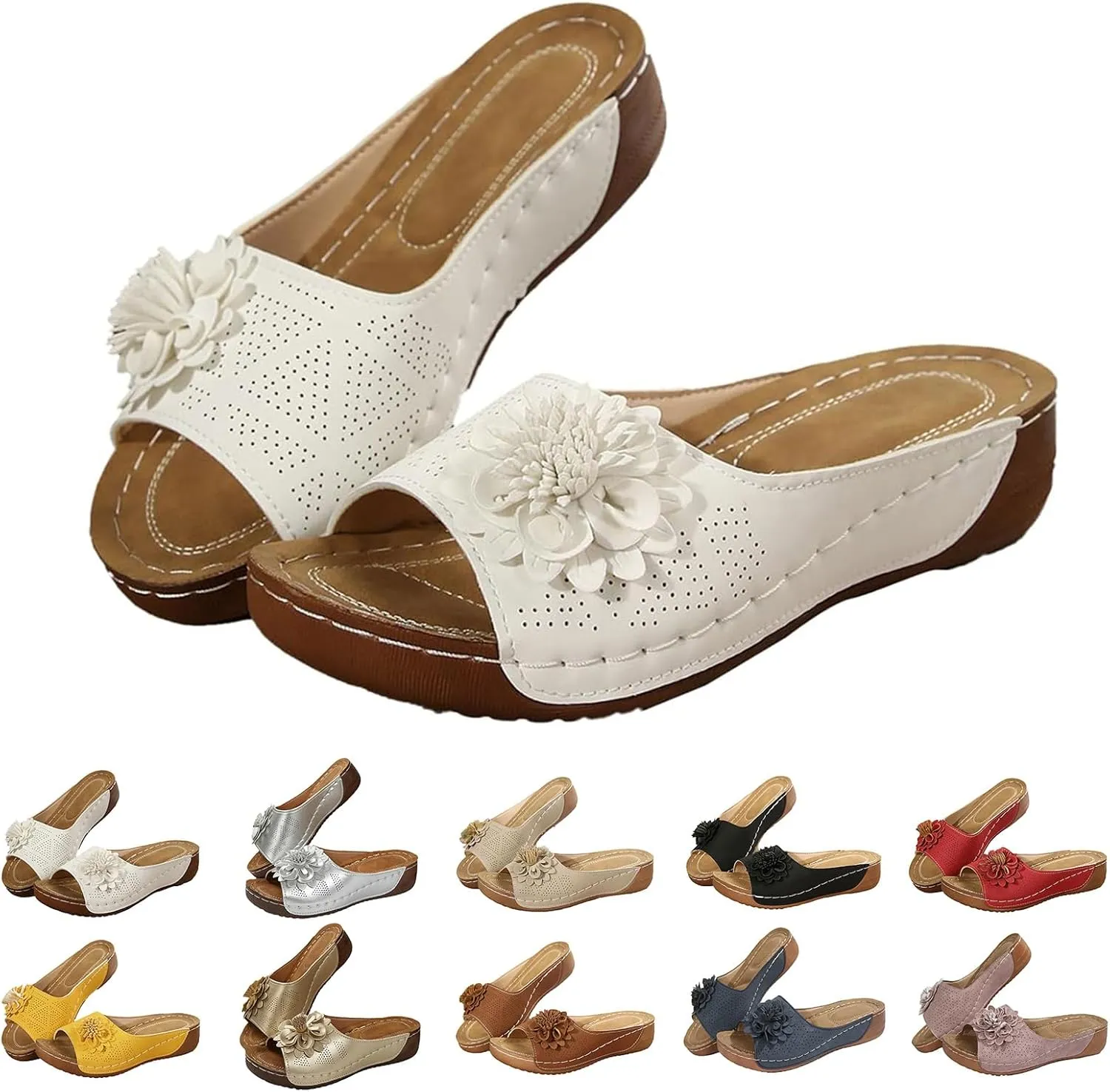 Womens Orthopedic Sandals with Flowers Arch Support Fish Mouth Leather Comfortable Shoes Open Toe Slides Ladies Dressy Sandals Retro Bohemian Wedge Slippers